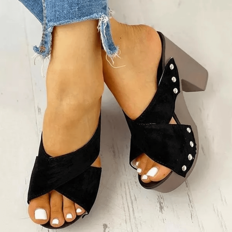 Chunky Heeled Sandals Criss Cross Platform Slip on High Heels