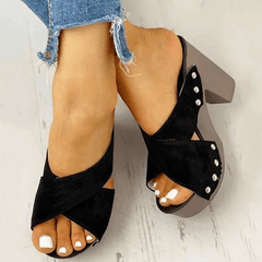 Chunky Heeled Sandals Criss Cross Platform Slip on High Heels
