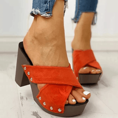 Chunky Heeled Sandals Criss Cross Platform Slip on High Heels