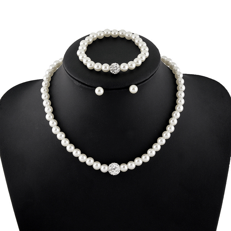 Faux Pearls Jewelry Set Choker Necklace Bracelet Earrings Crystal Chain
