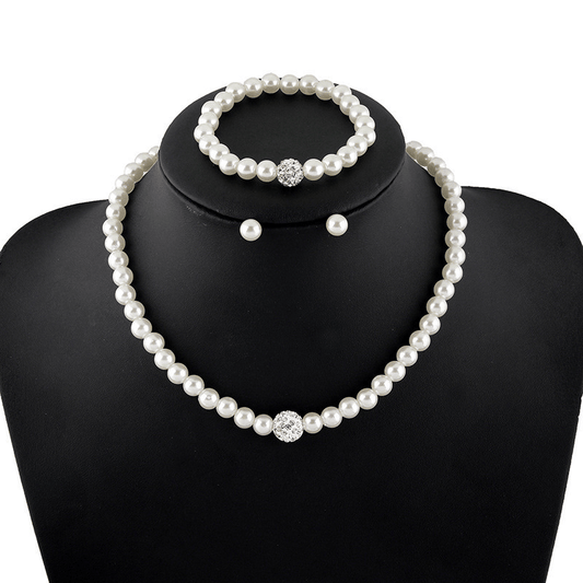 Faux Pearls Jewelry Set Choker Necklace Bracelet Earrings Crystal Chain
