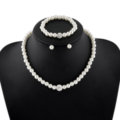 Faux Pearls Jewelry Set Choker Necklace Bracelet Earrings Crystal Chain