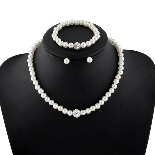 Faux Pearls Jewelry Set Choker Necklace Bracelet Earrings Crystal Chain
