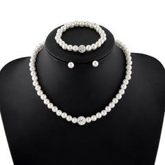 Faux Pearls Jewelry Set Choker Necklace Bracelet Earrings Crystal Chain