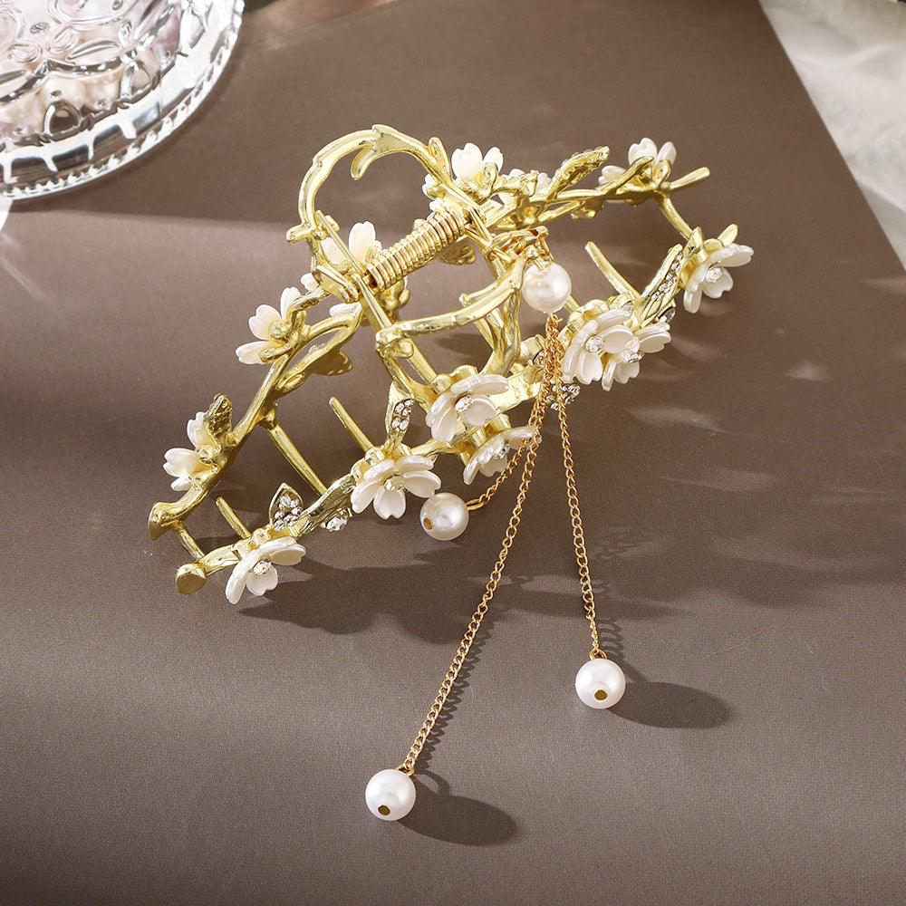 Golden Metal Faux Pearl Hair Clip Tassel Flower Hair Claw Barrettes