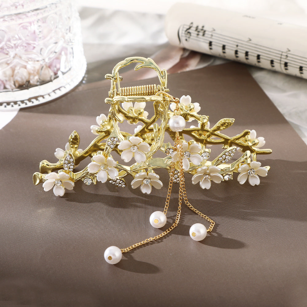Golden Metal Faux Pearl Hair Clip Tassel Flower Hair Claw Barrettes
