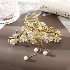 Golden Metal Faux Pearl Hair Clip Tassel Flower Hair Claw Barrettes