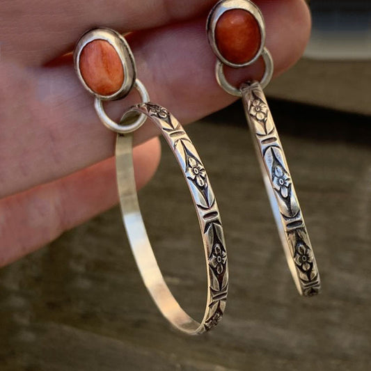 Vintage Flower Pattern Hoop Earrings with Colorful Gems