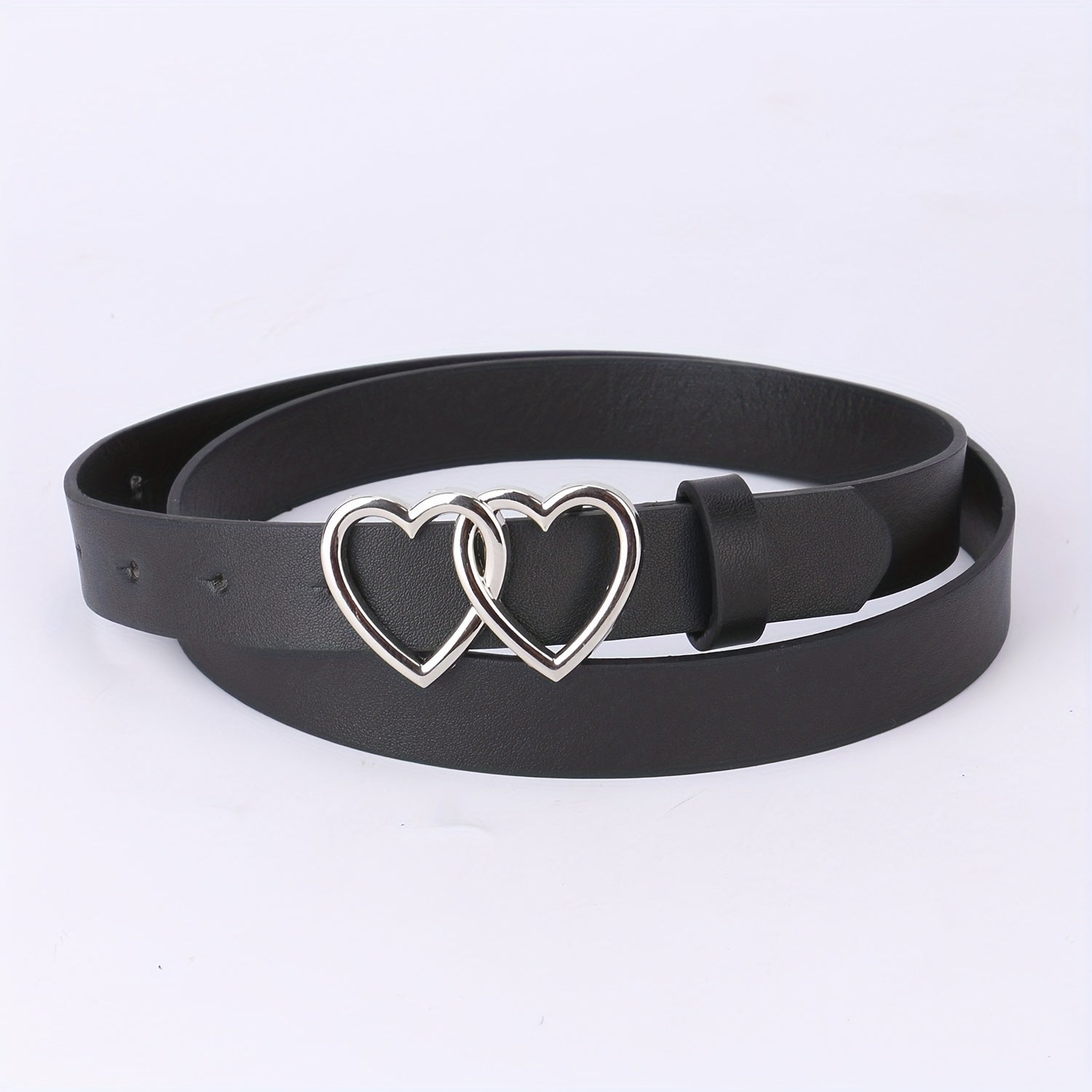 PU Leather Thin Belt Double Heart Metal Buckle Jeans Dress Coat Belts