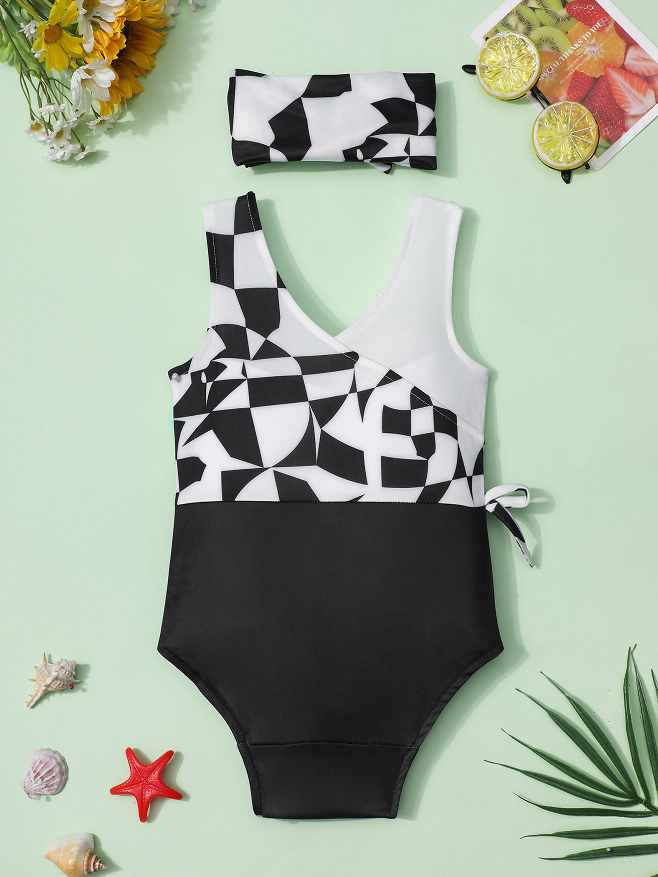 Plaid Sleeveless V-Neck One Piece Swimsuit Bathing Suit
