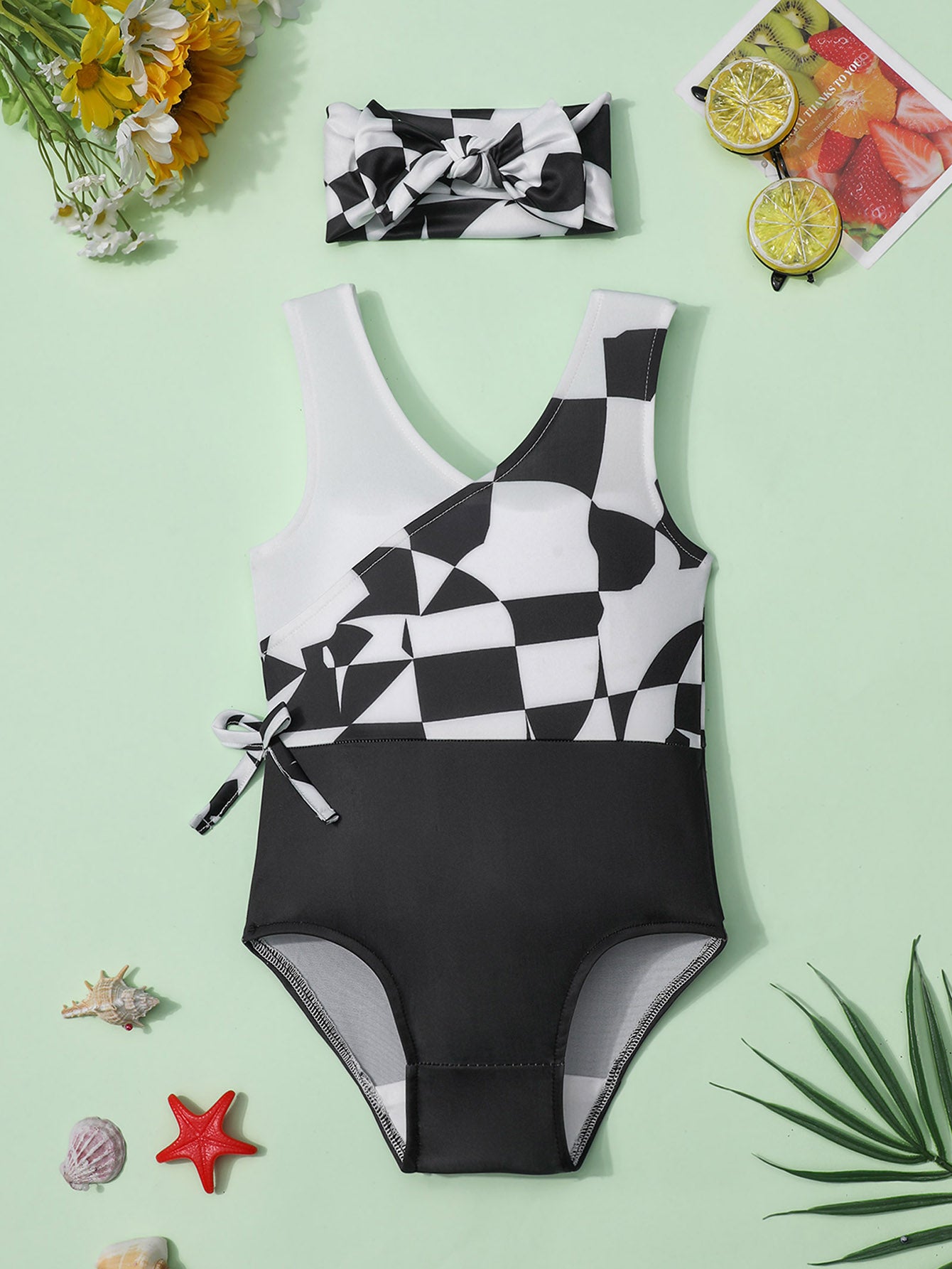 Plaid Sleeveless V-Neck One Piece Swimsuit Bathing Suit