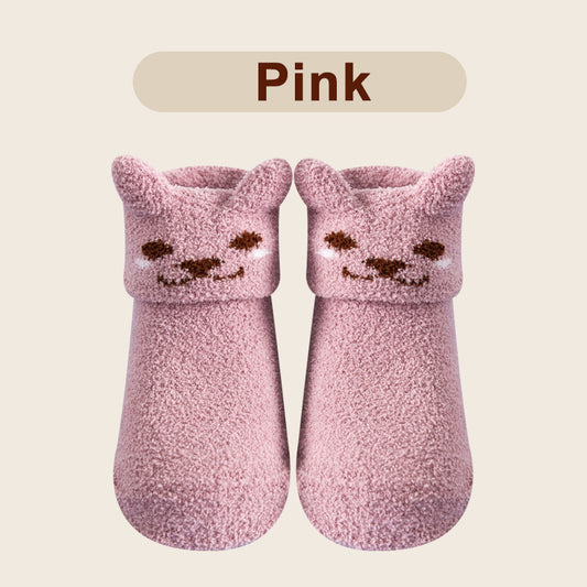 Baby Coral Fleece Non-slip Floor Socks - Cartoon Animal Graphic