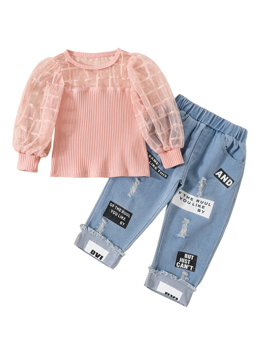Girls Mesh Plaid T Shirt Top & Letter Graphic Jeans Set Kids Spring Clothes
