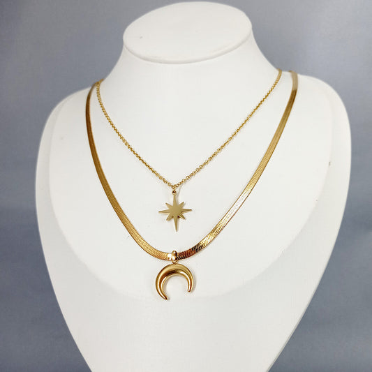 Double Hexagram Moon Necklace Stainless Steel Necklace