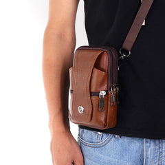 Men's PU Leather Fanny Pack Multifunctional Large Capacity Brown Shoulder Bag