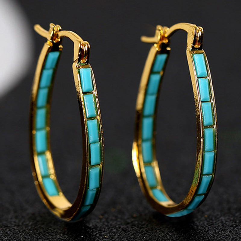 Square Synthetic Gems Hoop Earrings Piercing Jewelry