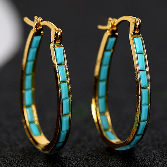 Square Synthetic Gems Hoop Earrings Piercing Jewelry