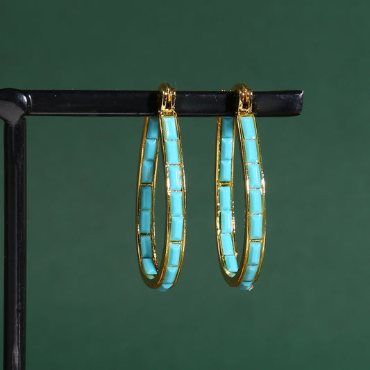 Square Synthetic Gems Hoop Earrings Piercing Jewelry