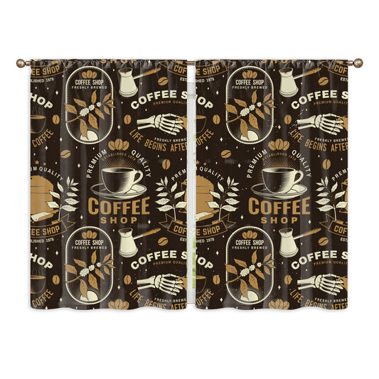 2pcs Coffee Element Semi Blackout Kitchen Curtains Coffee House Short Curtains
