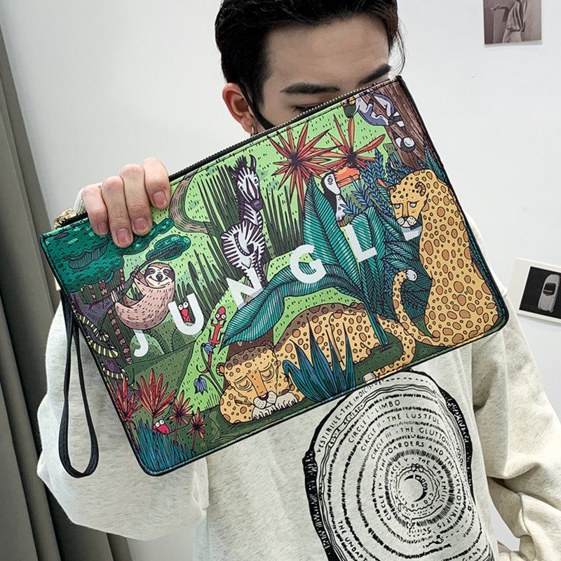 Animal Print Envelope Clutch Bag Men's Leather Handbag