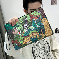 Animal Print Envelope Clutch Bag Men's Leather Handbag