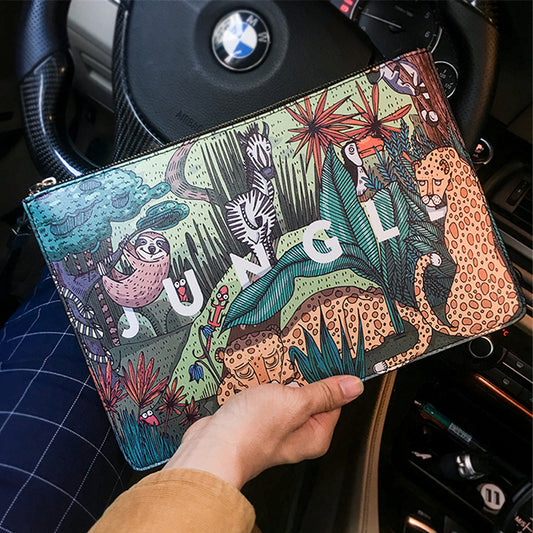 Animal Print Envelope Clutch Bag Men's Leather Handbag