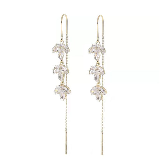 Rhinestone Maple Leaf Drop Earrings Zircon Tassel Ear Wire for Women