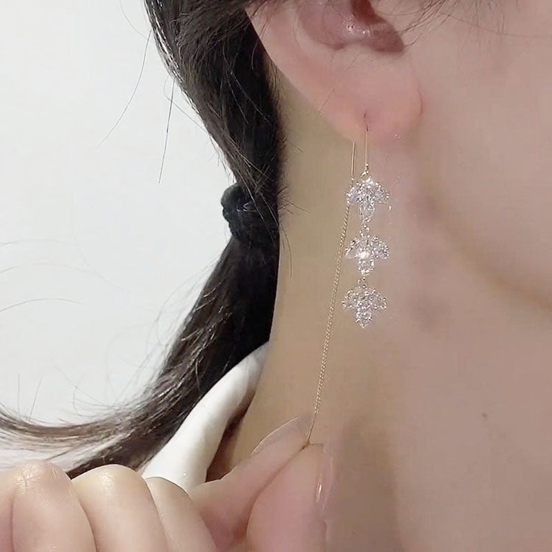 Rhinestone Maple Leaf Drop Earrings Zircon Tassel Ear Wire for Women