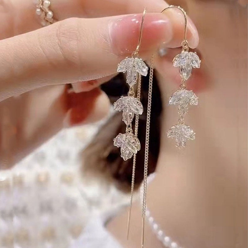 Rhinestone Maple Leaf Drop Earrings Zircon Tassel Ear Wire for Women