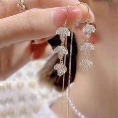 Rhinestone Maple Leaf Drop Earrings Zircon Tassel Ear Wire for Women