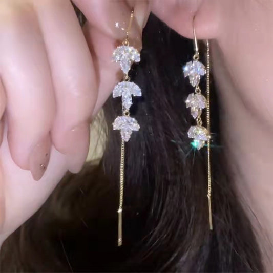 Rhinestone Maple Leaf Drop Earrings Zircon Tassel Ear Wire for Women