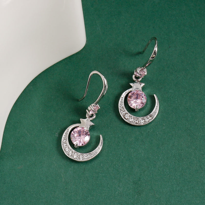 Moon & Star Zircon Drop Earrings, Gift