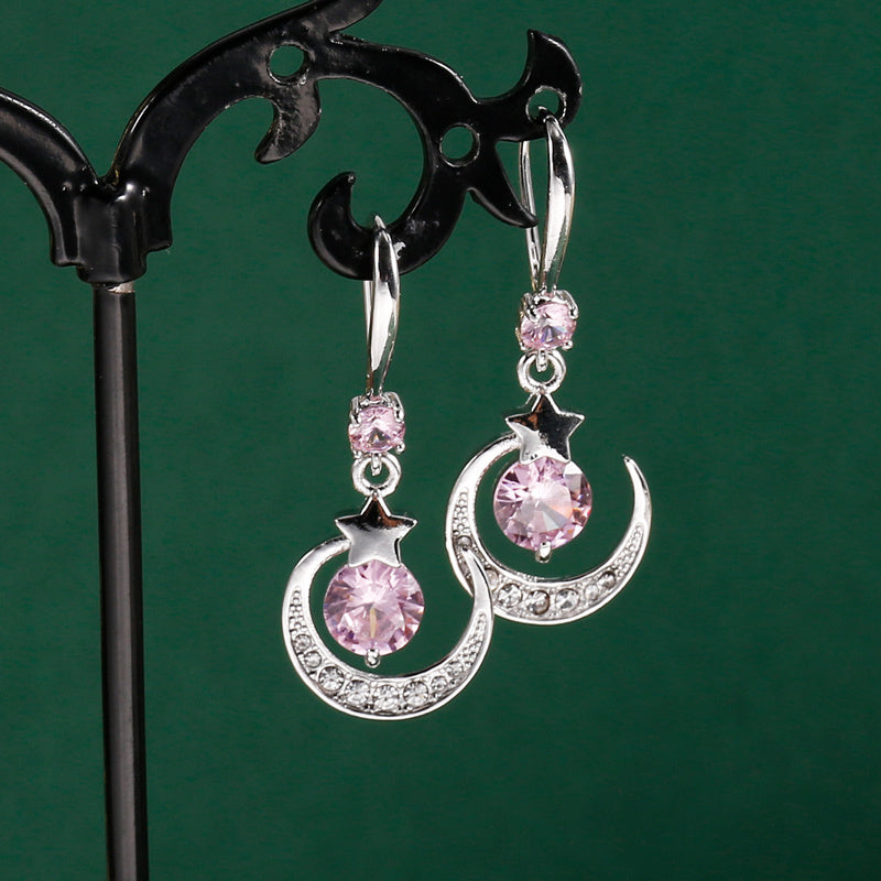 Moon & Star Zircon Drop Earrings, Gift