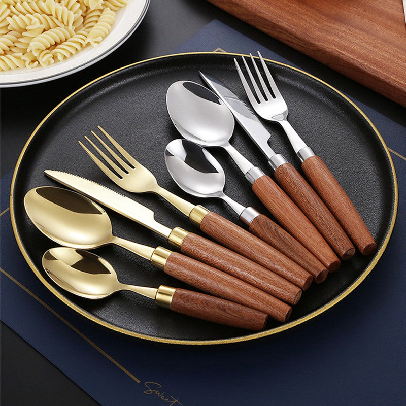 Stainless Steel Tableware Set with Wooden Handles - Durable Dinnerware