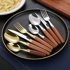 Stainless Steel Tableware Set with Wooden Handles - Durable Dinnerware