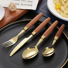Stainless Steel Tableware Set with Wooden Handles - Durable Dinnerware