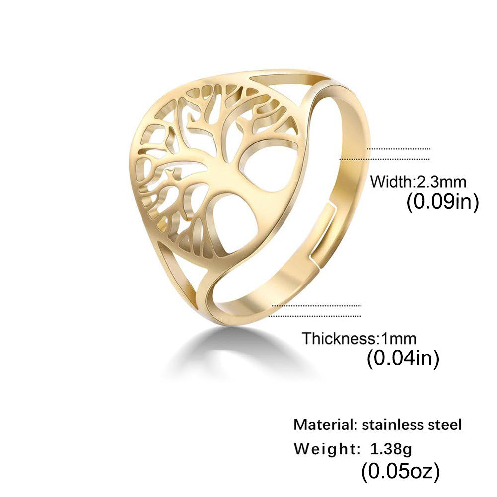 Hollow Tree Of Life Ring Golden Stainless Steel Adjustable Rings