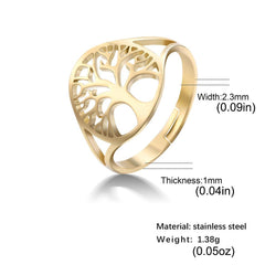 Hollow Tree Of Life Ring Golden Stainless Steel Adjustable Rings