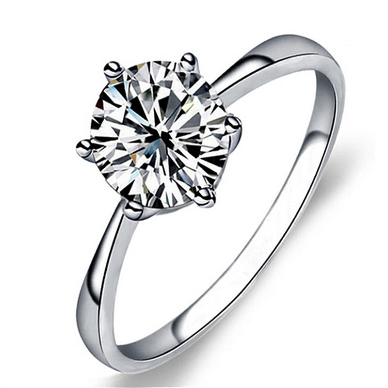 6 Prong Zircon Women's Ring Silver Plated Wedding Engagement Jewelry