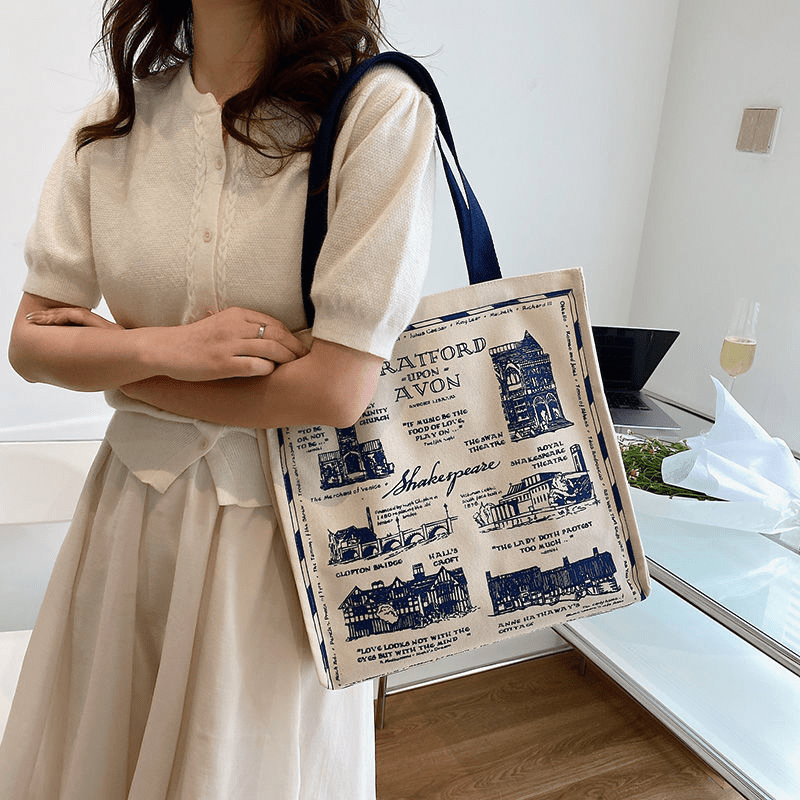 Canvas Shoulder Bag Large Capacity Zipper Shopping Bag