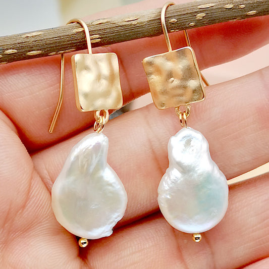 Flat Faux Pearls Drop Earrings 14K Plated Zinc Alloy Hook Earrings