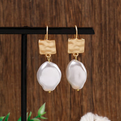 Flat Faux Pearls Drop Earrings 14K Plated Zinc Alloy Hook Earrings