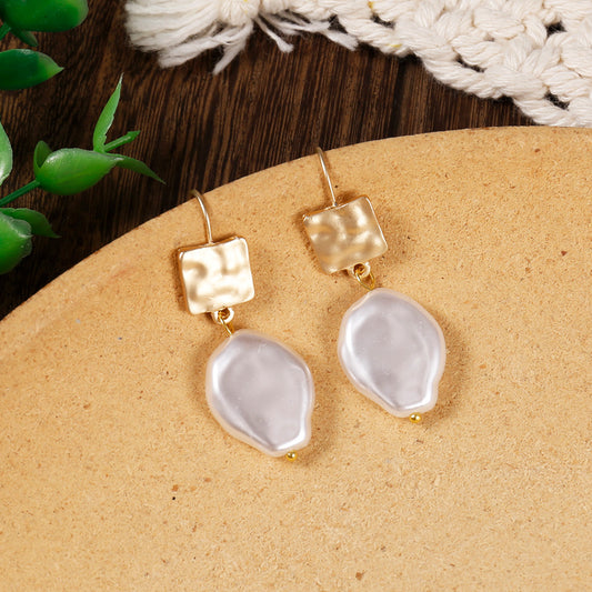 Flat Faux Pearls Drop Earrings 14K Plated Zinc Alloy Hook Earrings