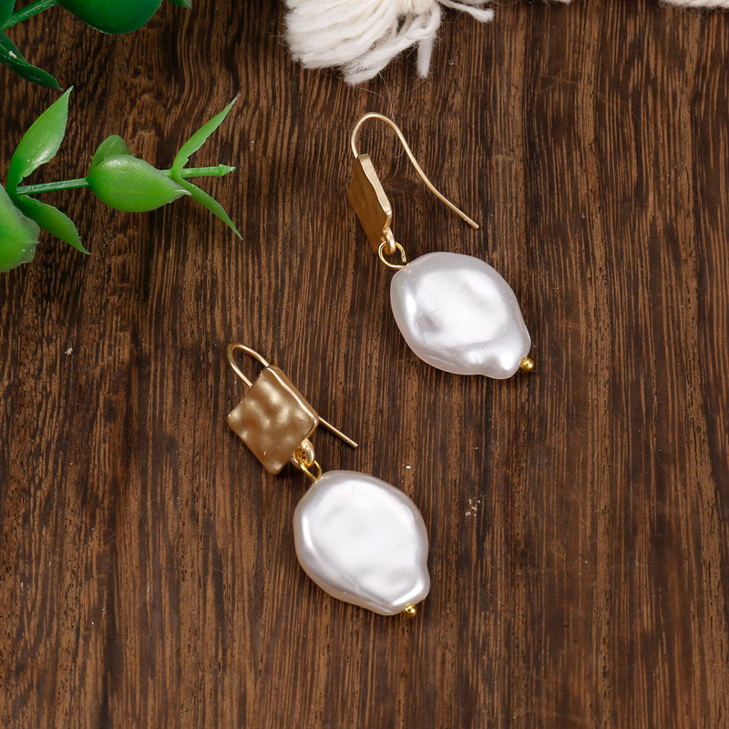 Flat Faux Pearls Drop Earrings 14K Plated Zinc Alloy Hook Earrings