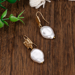 Flat Faux Pearls Drop Earrings 14K Plated Zinc Alloy Hook Earrings