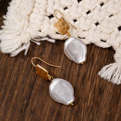 Flat Faux Pearls Drop Earrings 14K Plated Zinc Alloy Hook Earrings