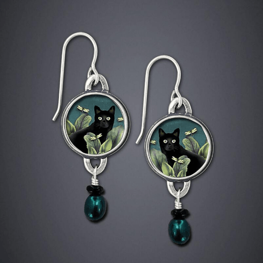 Vintage Cat Pattern Drop Earrings with Synthetic Gems Pendant