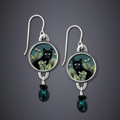 Vintage Cat Pattern Drop Earrings with Synthetic Gems Pendant