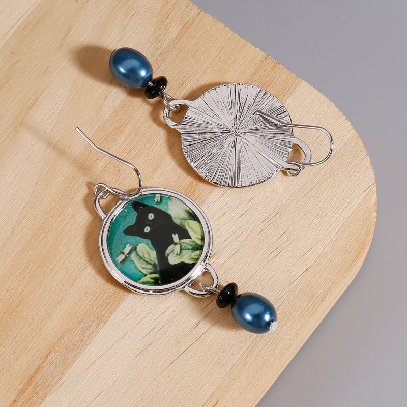 Vintage Cat Pattern Drop Earrings with Synthetic Gems Pendant