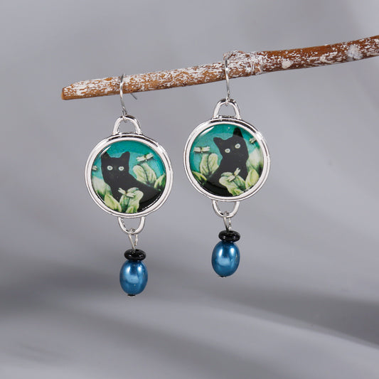 Vintage Cat Pattern Drop Earrings with Synthetic Gems Pendant
